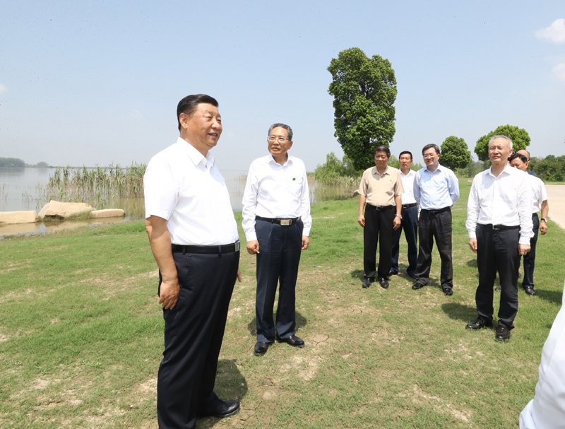 8月18日至21日，中共中央总书记、国家主席、中央军委主席习近平在安徽省考察。这是19日上午，习近平在马鞍山市薛家洼生态园，察看长江水情水势和岸线生态环境。